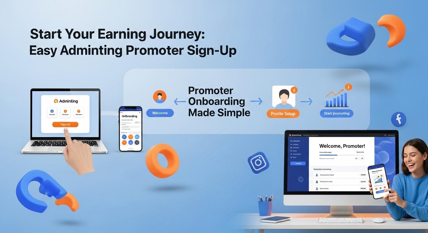 A clean, modern, and inviting digital illustration of a person's hands interacting with a tablet or laptop screen, showcasing a simplified, step-by-step onboarding process on a platform called 'Adminting.com'. The interface elements should be clear and intuitive, with progress indicators and friendly icons. The overall mood is optimistic and encouraging, with a bright, soft color palette (e.g., blues, greens, and whites) and subtle gradients. The lighting is even and natural, highlighting the user experience. The focus is on the ease and clarity of the signup and onboarding journey.